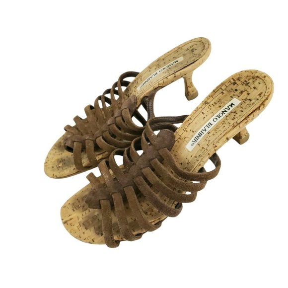 Manolo Blahnik Shoes Manolo Blahnik Brown Suede Cork Kitten Heel